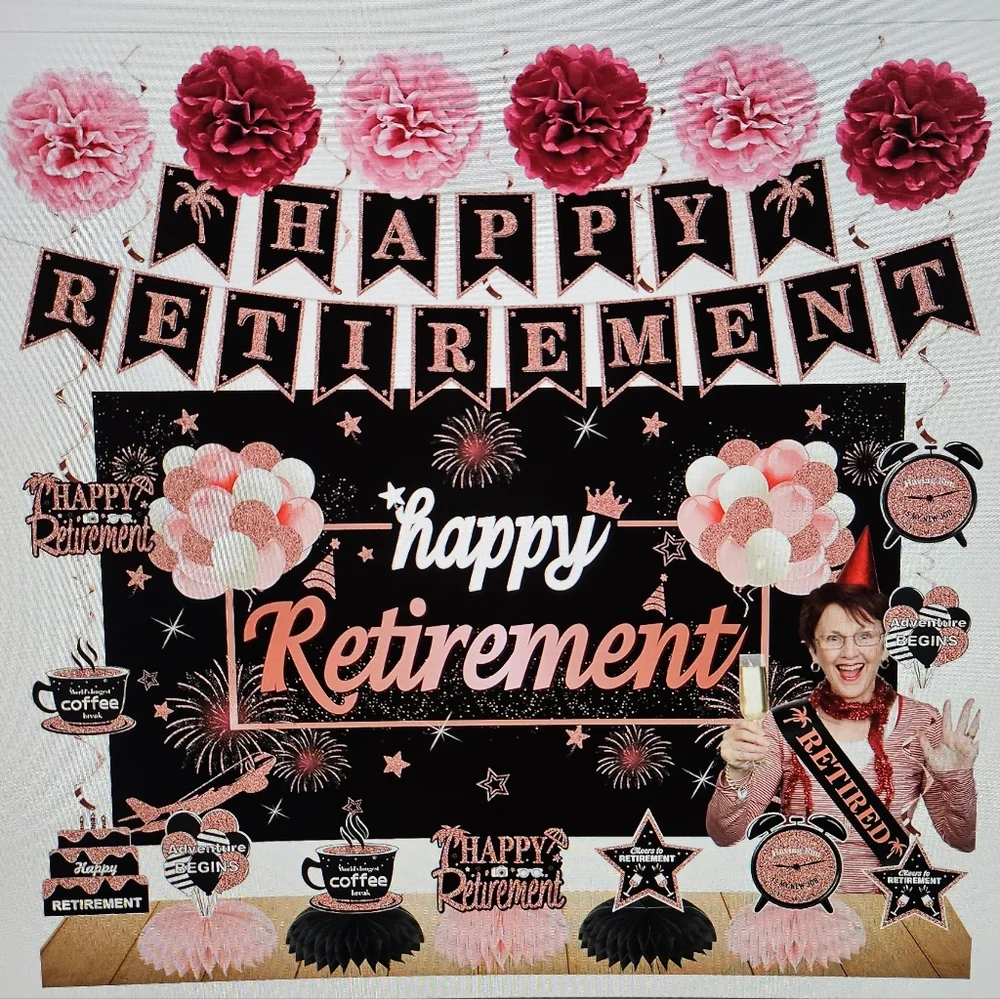 Womens Office Decoration Party Supplies Set Happy Retirement Kit Rose Gold Black